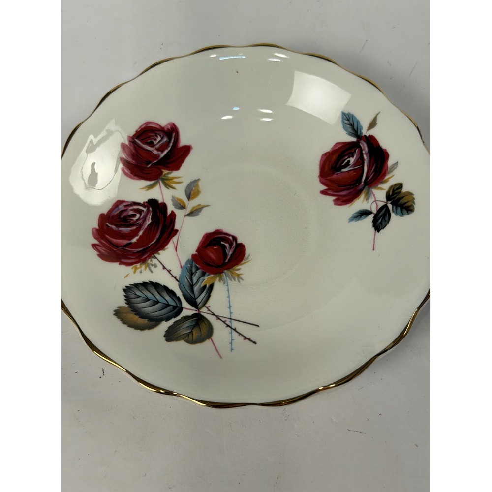 Vintage Rosina Bone China Saucer Red Rose Floral Gold Trim Made in England